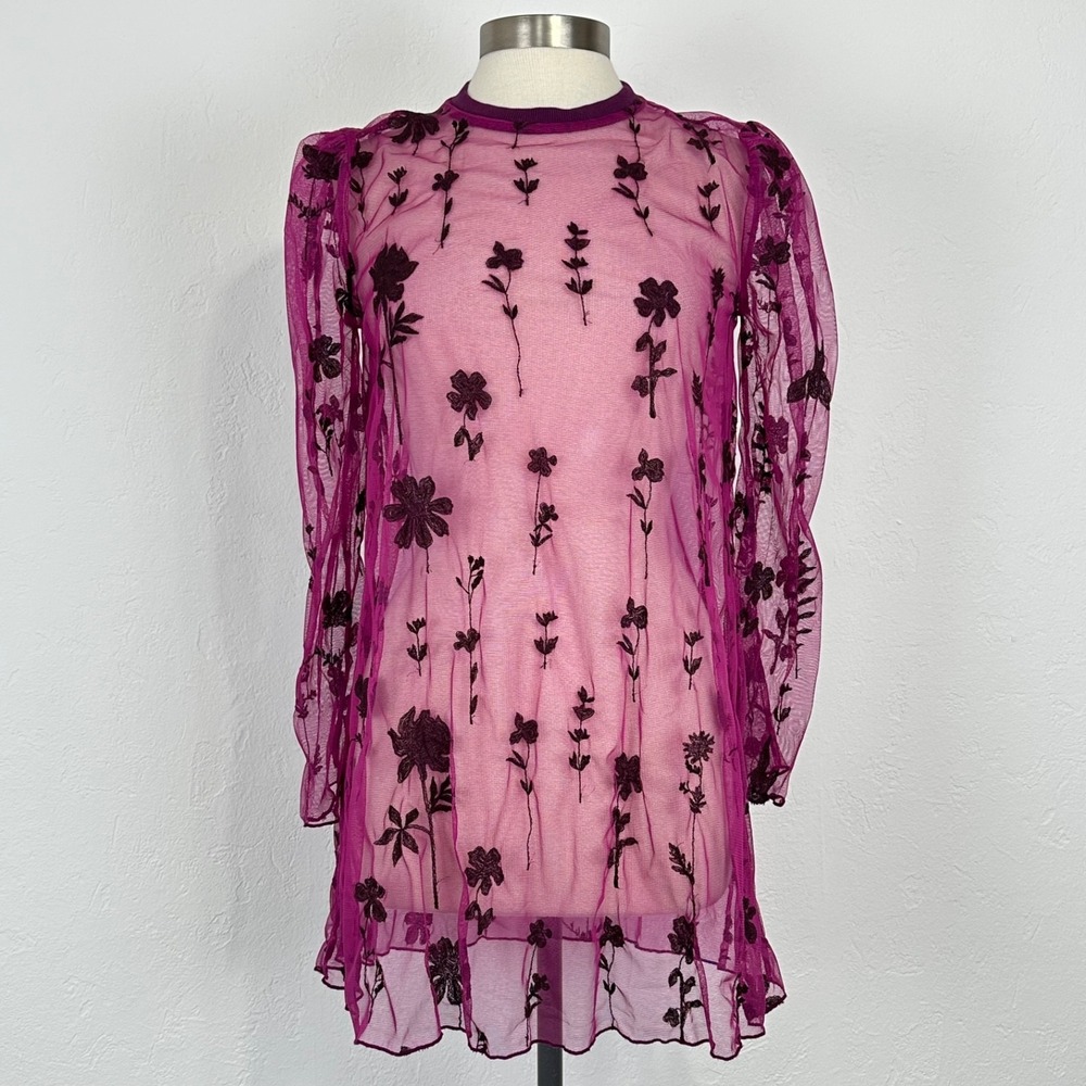 Free People Cecelia Sheer Mini Dress Sz XS Floral Embroidered Layering Fuchsia